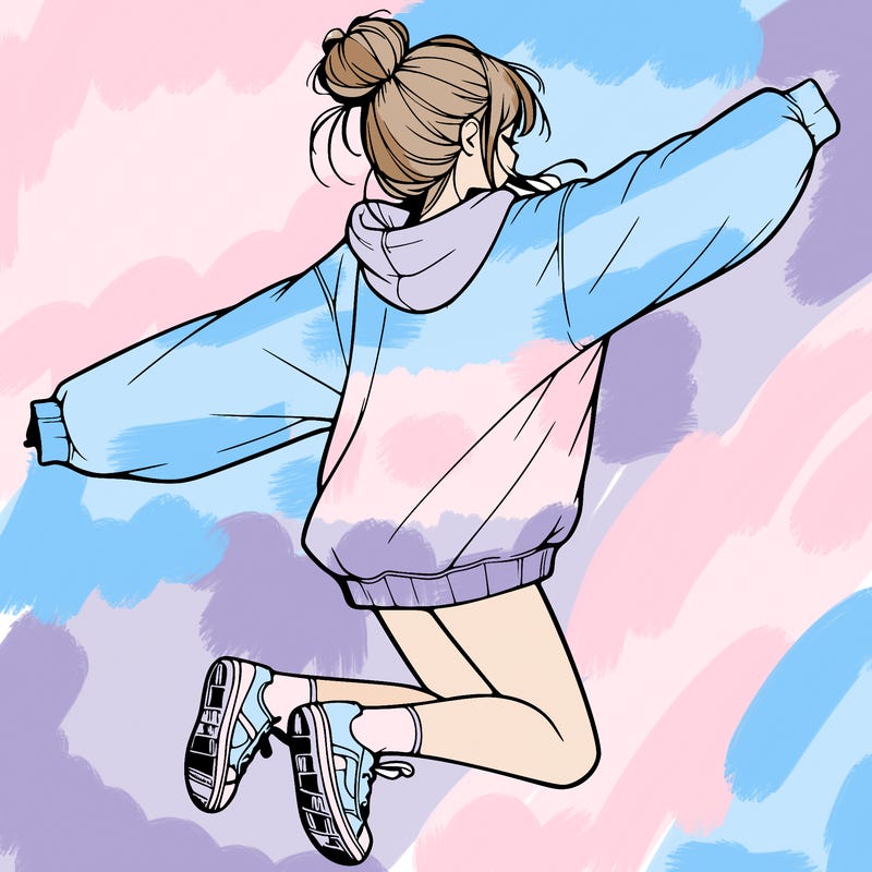 realistic girl jumping with a bun and oversized sweatshirt