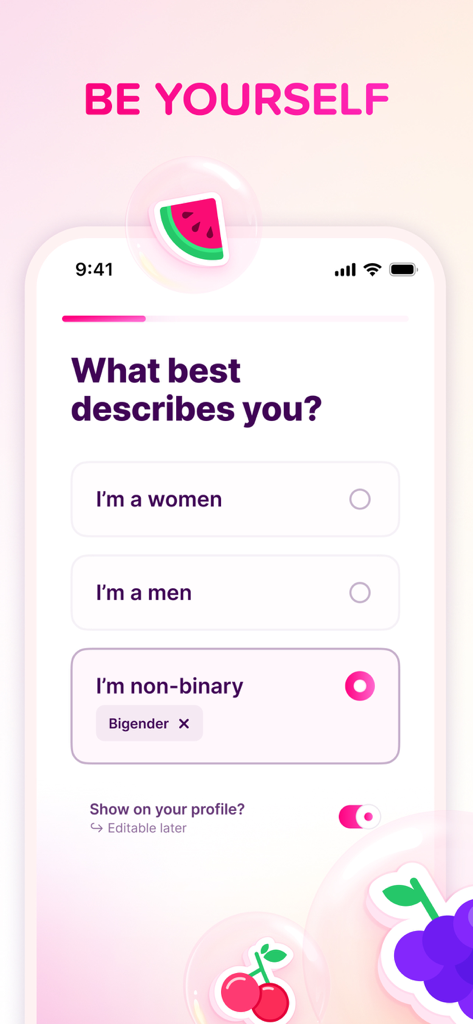 Screenshot of the Fruitz dating app onboarding process showing inclusive gender identity options like non-binary and bigender under the headline Be Yourself.