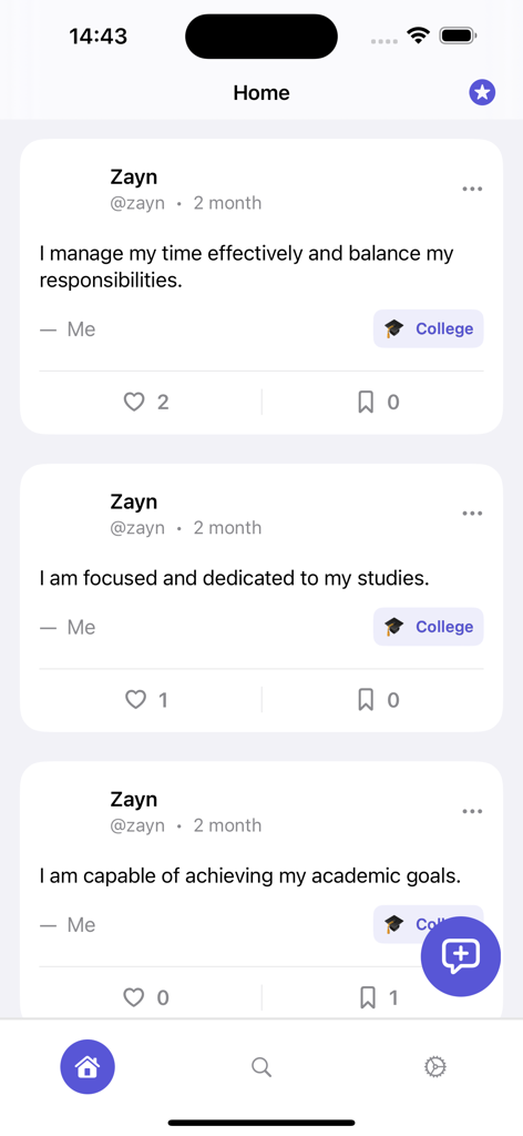 IGMax Postegro Social Media - IGMax social media app home feed showing text posts with a college category tag
