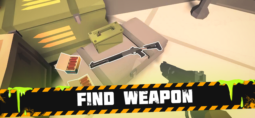 Bunker: Zombie Survival Games - A shotgun and ammunition boxes in the Bunker Zombie Survival game with a Find Weapon banner