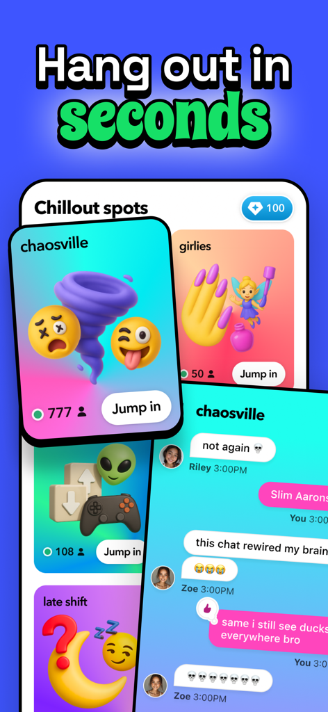 Hoop 앱 스크린샷, 'Chillout spots' 아래의 다양한 그룹 채팅방과 메시지가 있는 채팅 창 표시