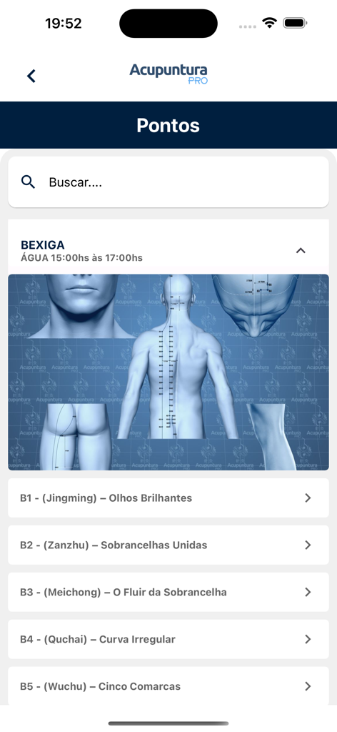 Acupuntura Pro - Mapa de puntos de acupuntura y lista del meridiano de vejiga en la interfaz de la aplicación móvil Acupuntura Pro
