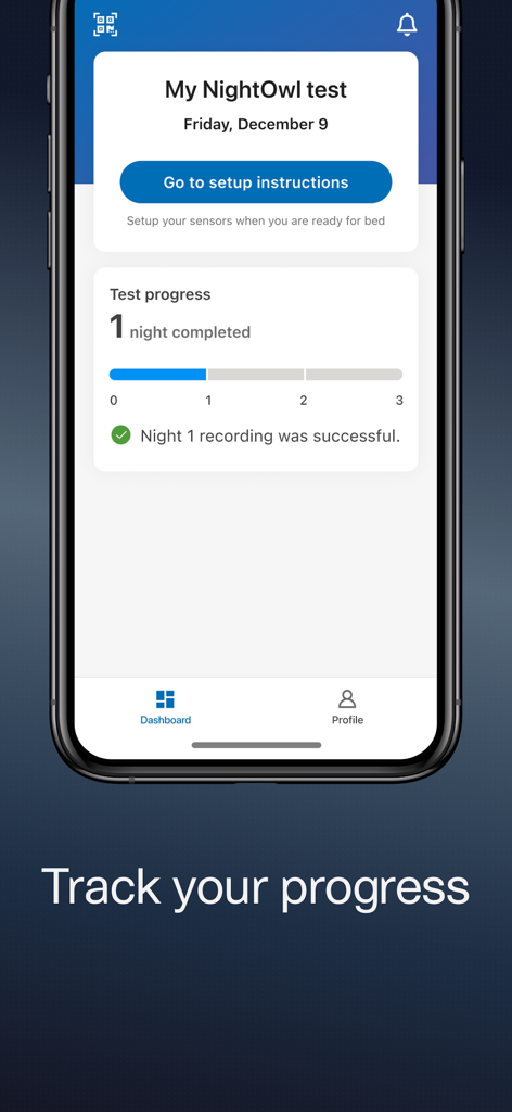 NightOwl Companion - NightOwl Companion app dashboard showing sleep test progress tracking with one night completed.