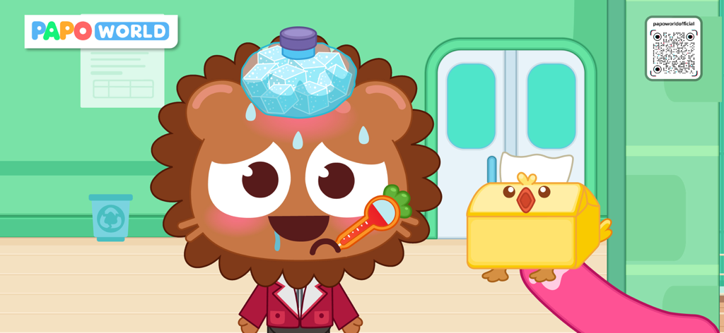 Papo Town Clinic Doctor - Sick lion character with thermometer and ice pack in Papo Town Clinic