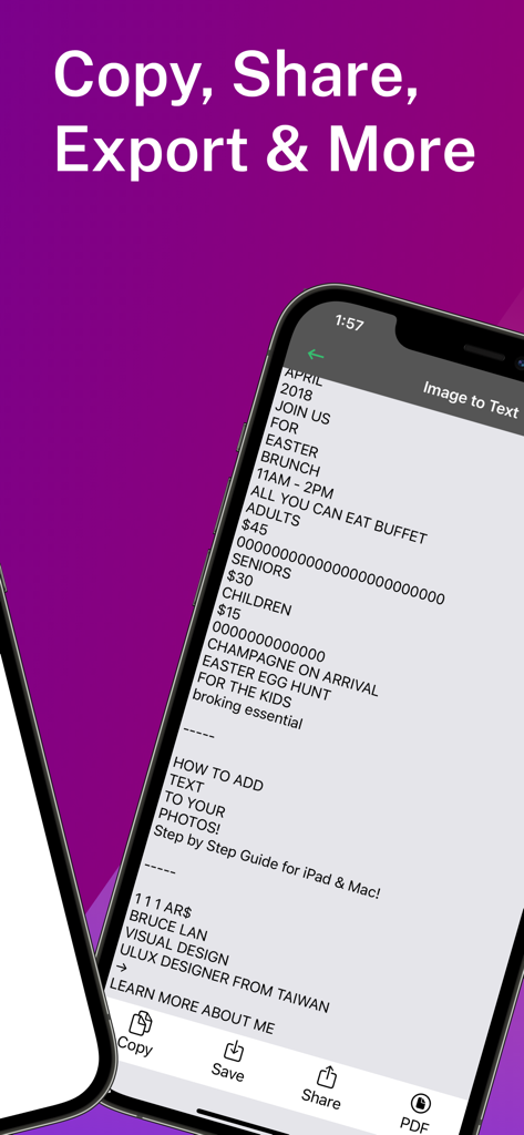 Text Fairy-Batch Image to Text - Text Fairy app interface showing options to copy share and export extracted text to PDF