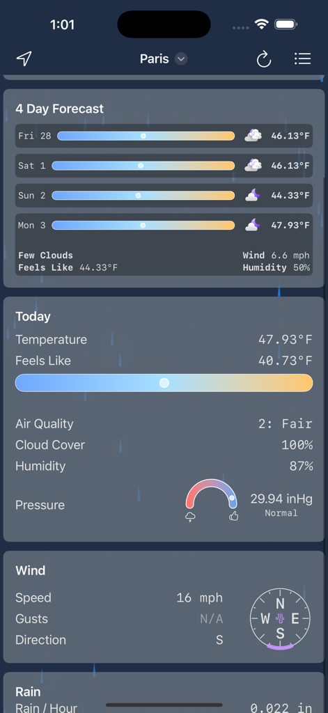 96C° - Interface of the 96C weather app showing a four day forecast and detailed wind information for Paris