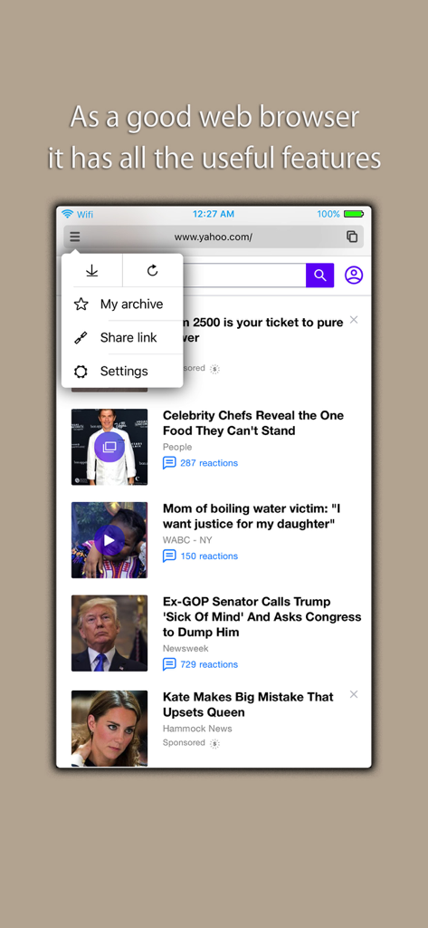 Oxygen Offline Browser - Interfaz móvil de Oxygen Offline Browser que muestra un menú desplegable con opciones de archivo y configuración sobre un sitio de noticias