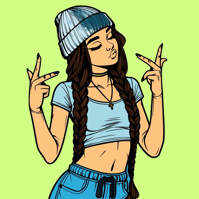 realistic teenage girl with braids and a beanie and crop top doing 🫶🏼