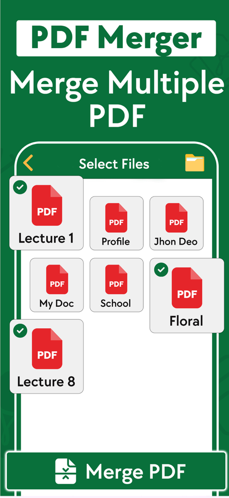 Interface móvel para o aplicativo PDF Converter mostrando a seleção de vários documentos PDF para serem mesclados em um único arquivo
