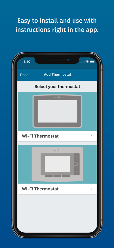 Écran de l'application Sensi montrant le processus de sélection pour ajouter un nouveau thermostat Wi-Fi