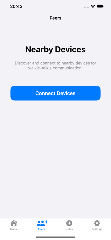 Walkie Talkie app nearby devices connection screen