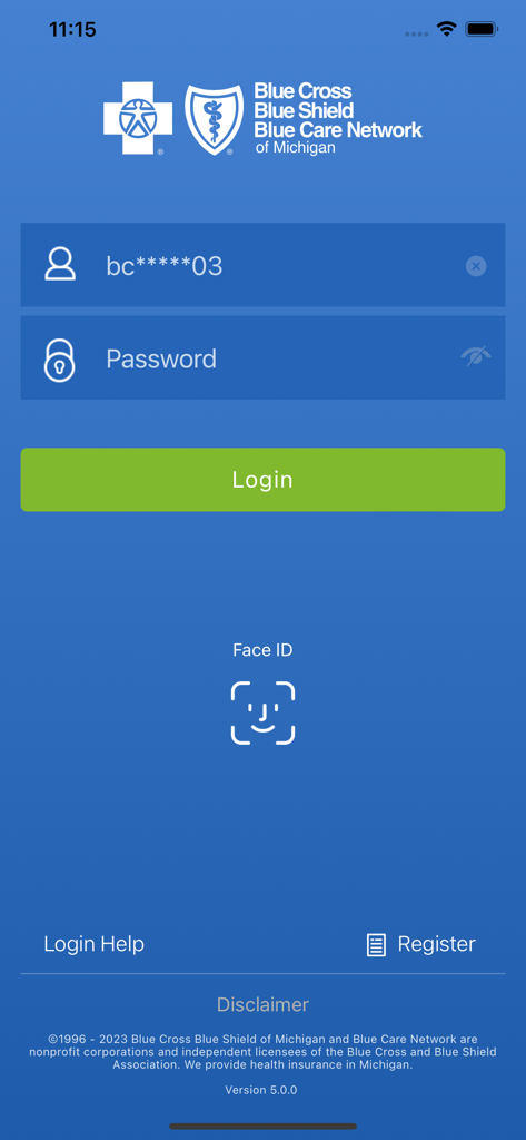 BCBSM - Blue Cross Blue Shield of Michigan app login page featuring Face ID and secure entry fields