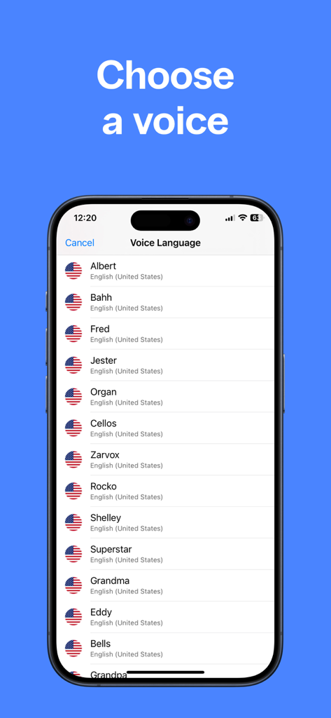 Type & Speak - Text to Speech - Interfaz de la aplicación Type & Speak que muestra una lista de voces disponibles en inglés de EE. UU. para elegir