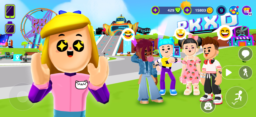 PK XD: Fun, friends & games - Personaggi colorati con espressioni emoji felici che interagiscono nel mondo virtuale di PK XD