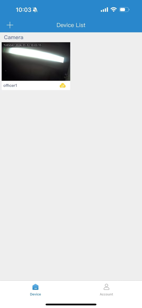 MIPC app device list screen showing a connected security camera with a live thumbnail