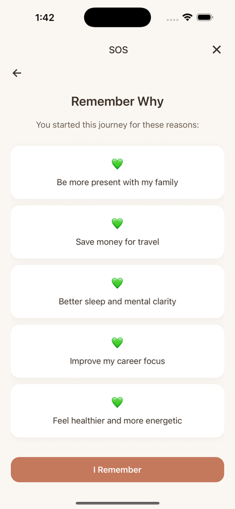 Quit Weed Tracker - Unfogged - Ein Bildschirm in der Unfogged App mit dem Titel „Erinnere dich, warum“ zeigt eine Liste persönlicher Ziele für das Aufgeben von Cannabis, wie geistige Klarheit und Familienzeit
