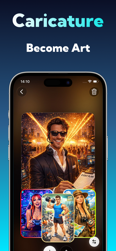 AI Photo Editor: Pixartia - Estilos de caricatura gerados por IA com personagens como um planejador de eventos e um gamer no aplicativo Pixartia