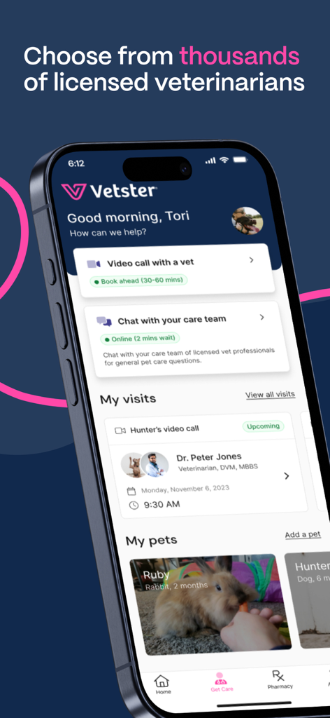 Pantalla de inicio de la aplicación Vetster mostrando opciones para videollamada o chat con veterinarios licenciados