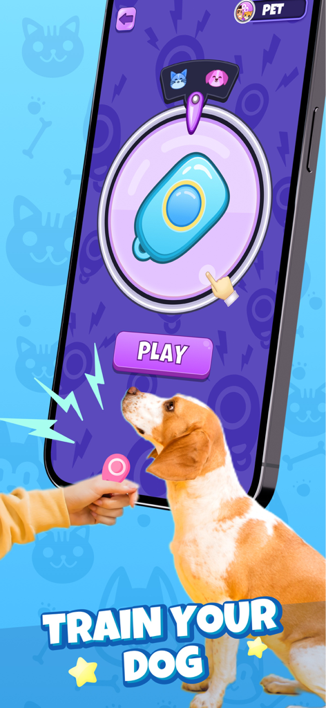 Cat Emotions: Sounds to Pet - Katzenemotionen-App-Oberfläche, die die Hunde-Trainingsfunktion mit einer virtuellen Pfeife und einem Beagle zeigt