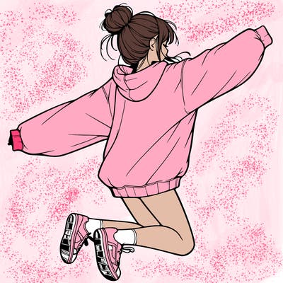 realistic girl jumping with a bun and oversized sweatshirt