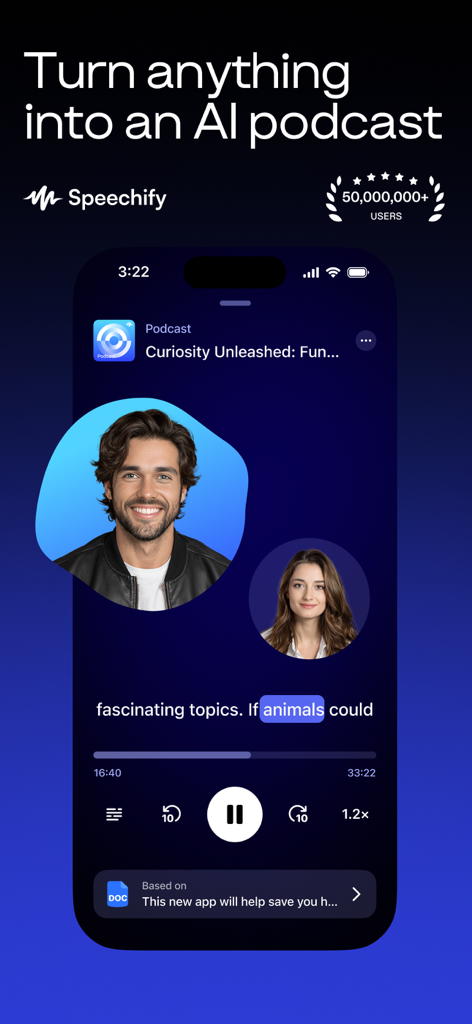 AI Podcasts by Speechify - Interfaz de la aplicación móvil AI Podcasts de Speechify que muestra una conversación de podcast generada por IA basada en un documento