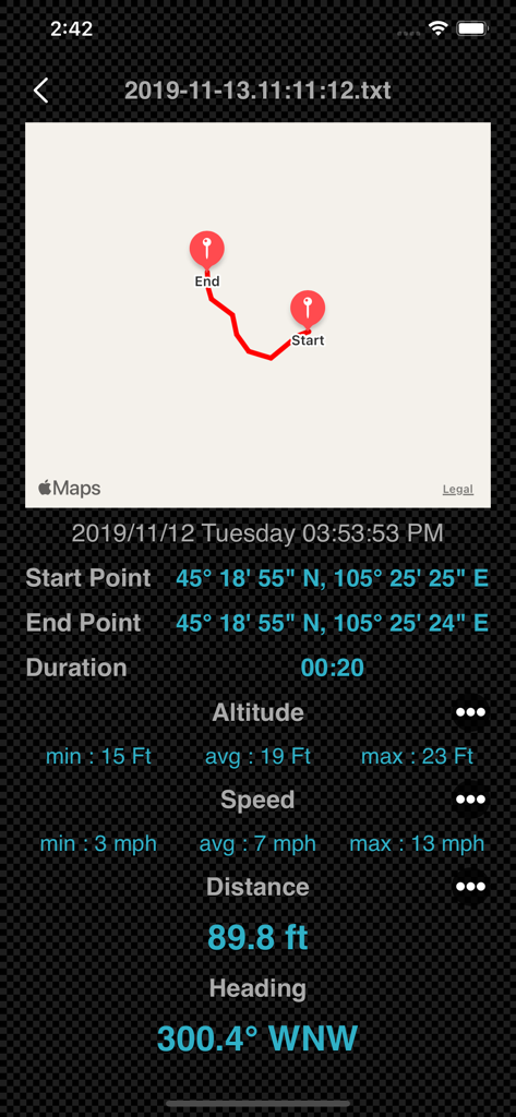 Tela de detalhes do trajeto GPS exibindo mapa da rota e estatísticas da viagem.