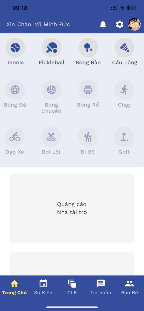 Sport Connect - Tela inicial do aplicativo Sport Connect mostrando ícones para vários esportes, incluindo pickleball, tênis e futebol
