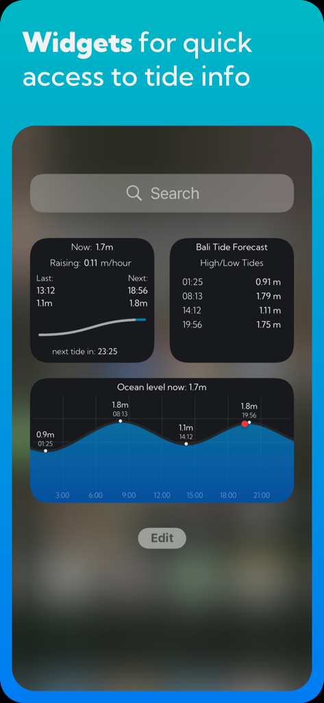 Bali Tide Forecast - Bali Tide Forecast app widgets on an iPhone screen showing current tide levels and daily high low forecasts