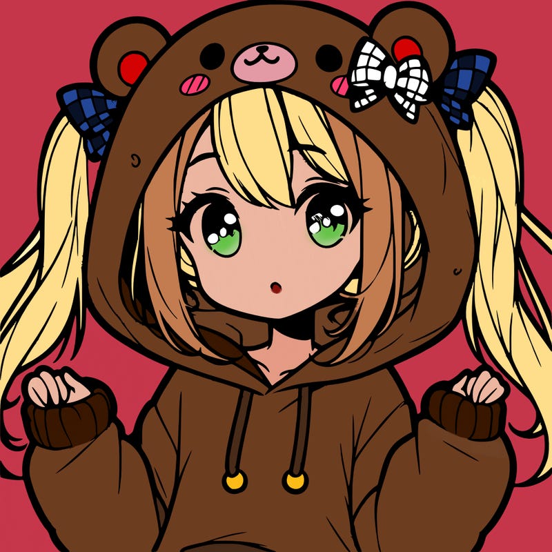 cute anime girl with ponytails and a cute bear hoodie
