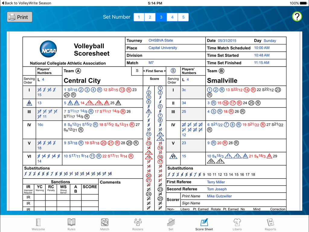 VolleyWrite - A digital NCAA volleyball scoresheet interface displayed in the VolleyWrite iPad app.