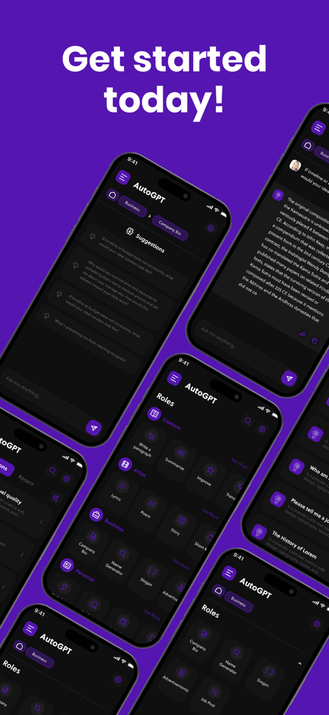 AutoGPTチャットボットアプリのスクリーンショットのコラージュ、AIアシスタントインターフェースとさまざまな生産性ロールを表示。
