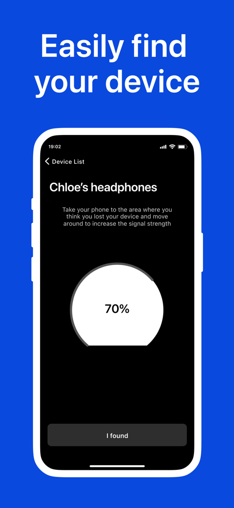 tracker detect - Tracker Detect app interface showing a 70 percent signal strength meter to find lost headphones.