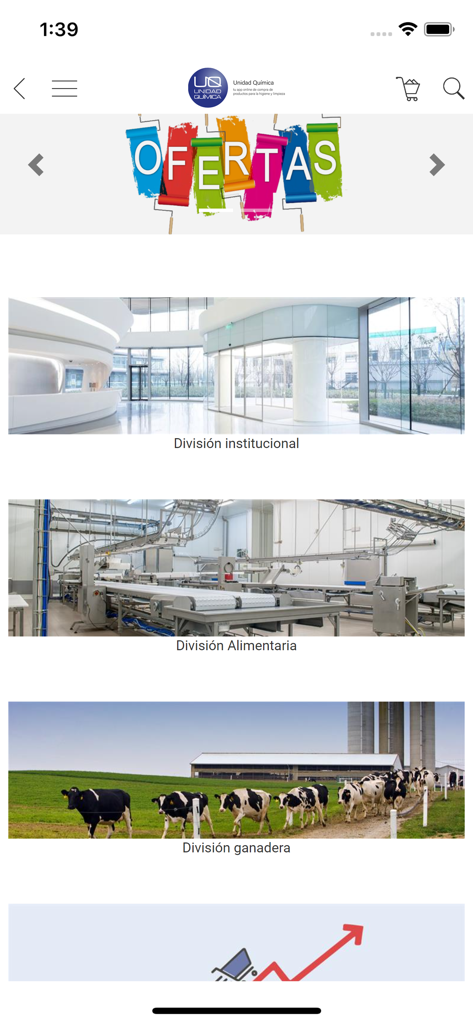 Unidad Química - Unidad Quimica app home screen showing industrial chemical divisions for food institutional and livestock sectors