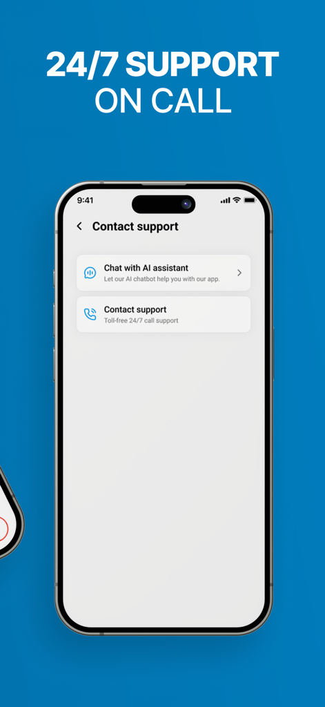Roadside Assistance - Roadside Assistance app screen showing AI chatbot and 24/7 phone support options