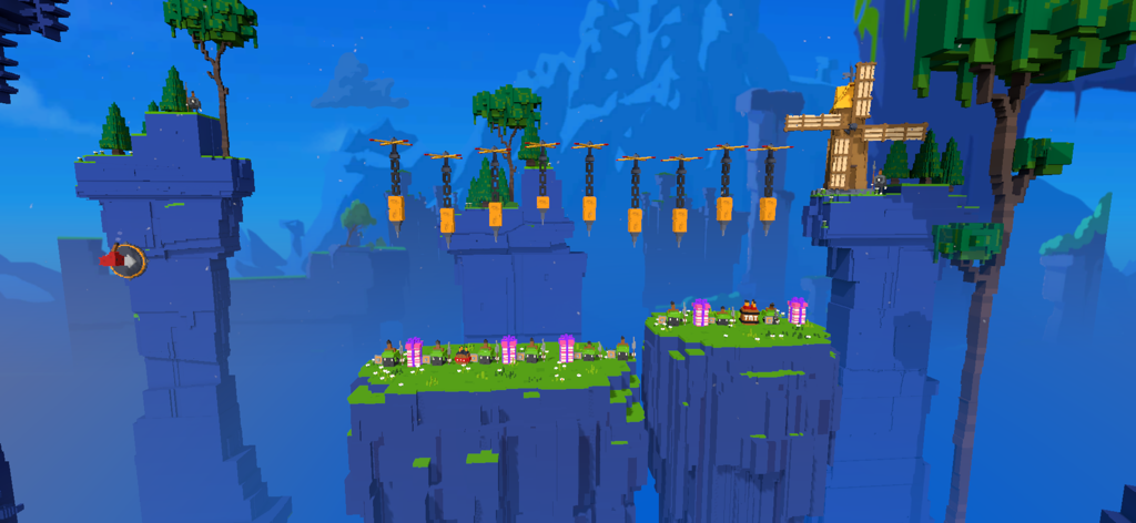 Blow it up Mobile - Nivel de juego estilo vóxel en Blow it up Mobile con islas flotantes y un molino de viento