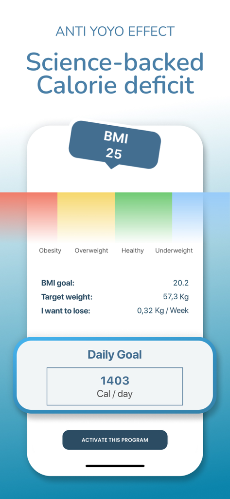DietSensor Keto - Screen showing BMI tracking and daily calorie deficit goal in the DietSensor Keto app