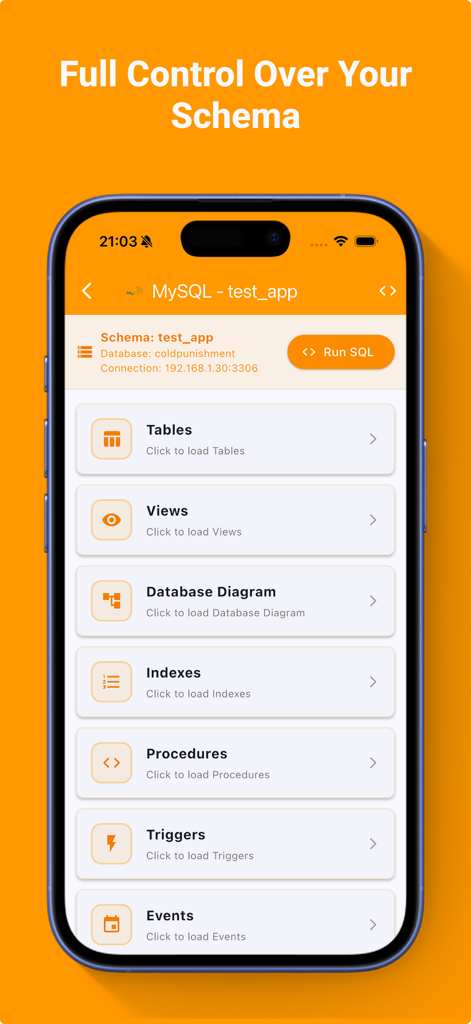 DBeavers – SQL & NoSQL Client - Mobile screenshot of DBeavers app displaying MySQL database schema categories like Tables Views and Triggers.