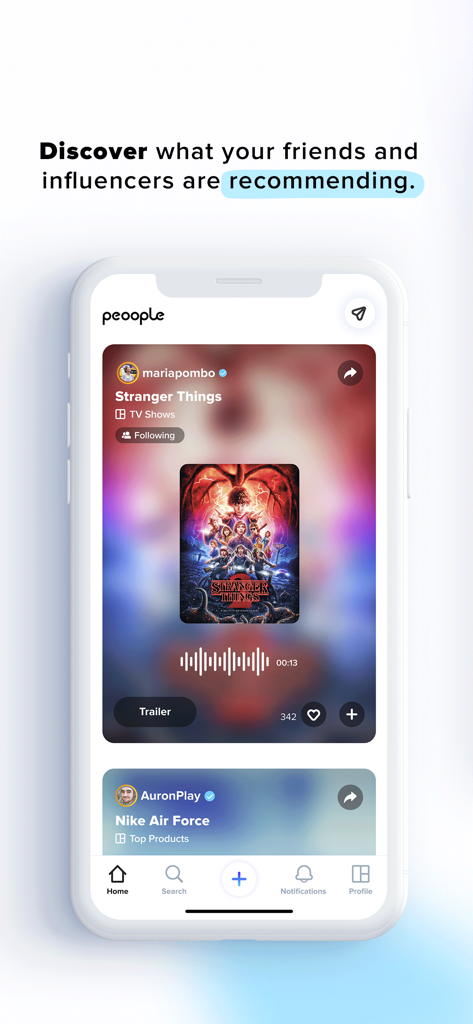 Peoople - Peoopleアプリのインターフェース。Maria PomboやAuronPlayのようなインフルエンサーからのテレビ番組や製品のおすすめを表示しています。