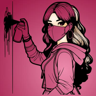 realistic girl with mask spray painting a wall