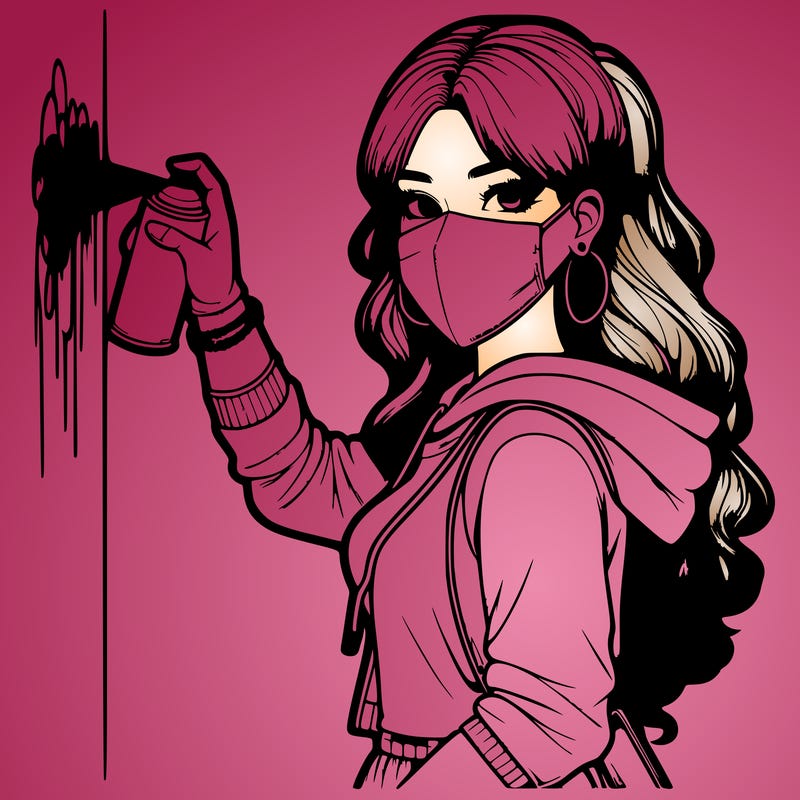 realistic girl with mask spray painting a wall