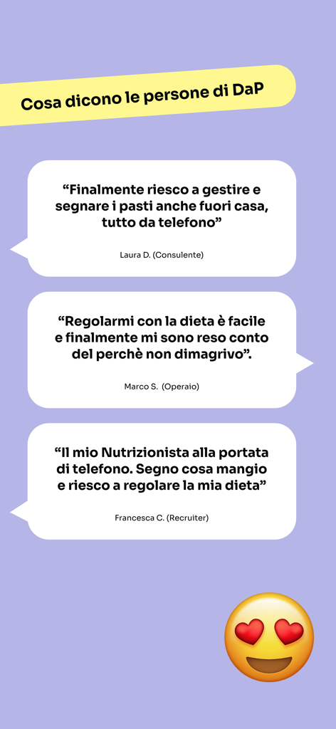 Testimonios de usuarios de la aplicación Dieta a Porzioni destacando la gestión de comidas y la facilidad de uso.