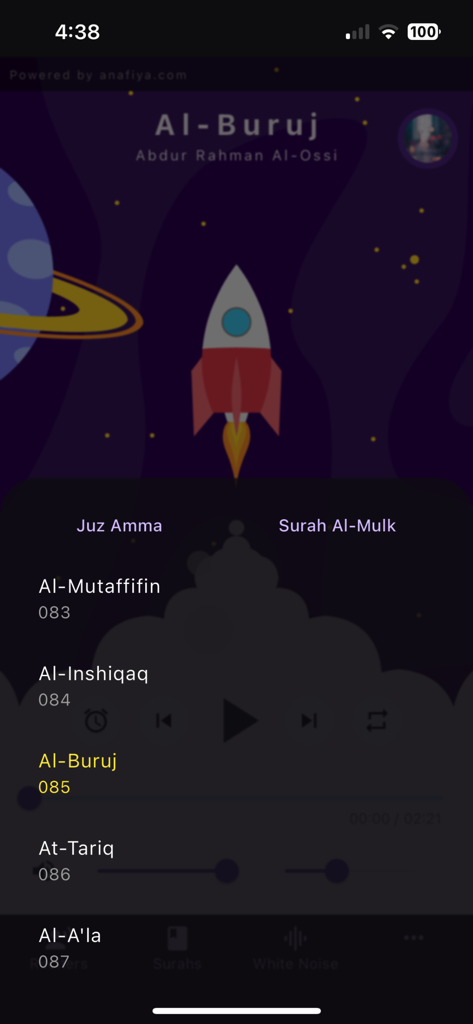 Quran White Noise - Baby Sleep - Quran White Noise app interface showing a list of surahs for baby sleep with a rocket ship illustration