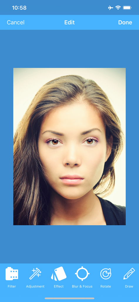 Mobile app screen showing photo editing tools for a name badge including filters and adjustments