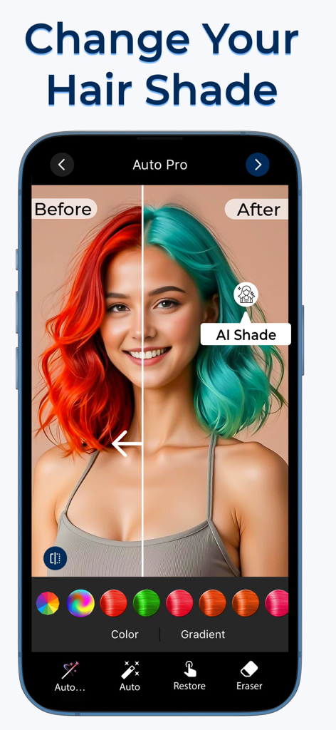 Hair Color Changer-Makeup Tool - A split screen showing a woman trying on red and teal hair colors using an AI makeover tool