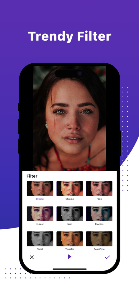 Screen recorder: Record now! - Una pantalla de smartphone que muestra una variedad de filtros de moda para la edición de video dentro de la aplicación Graba ahora.