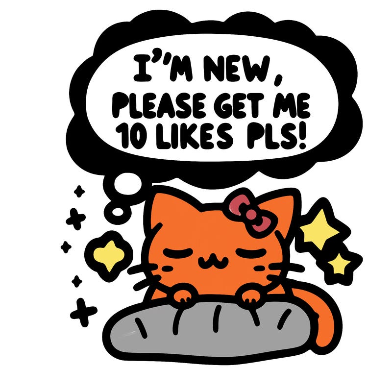 kitty taking a nap dream talking and saying "i'm new, please get me at least 10 likes pls!!"