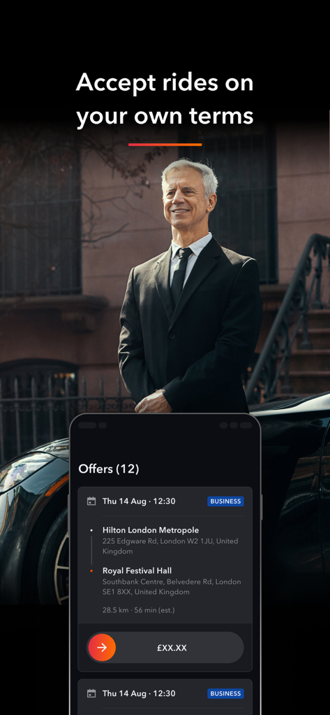 Professional chauffeur next to a luxury car with a phone screen displaying available ride offers