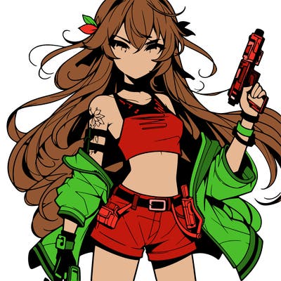 bad girl wearing crop top holding a gun long hair anime