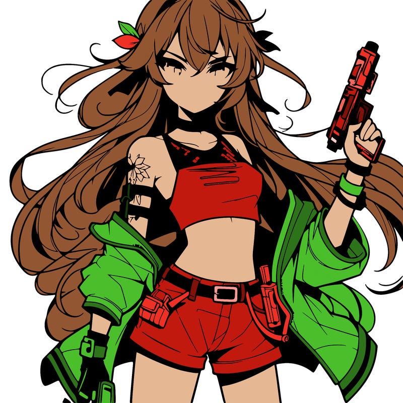 bad girl wearing crop top holding a gun long hair anime