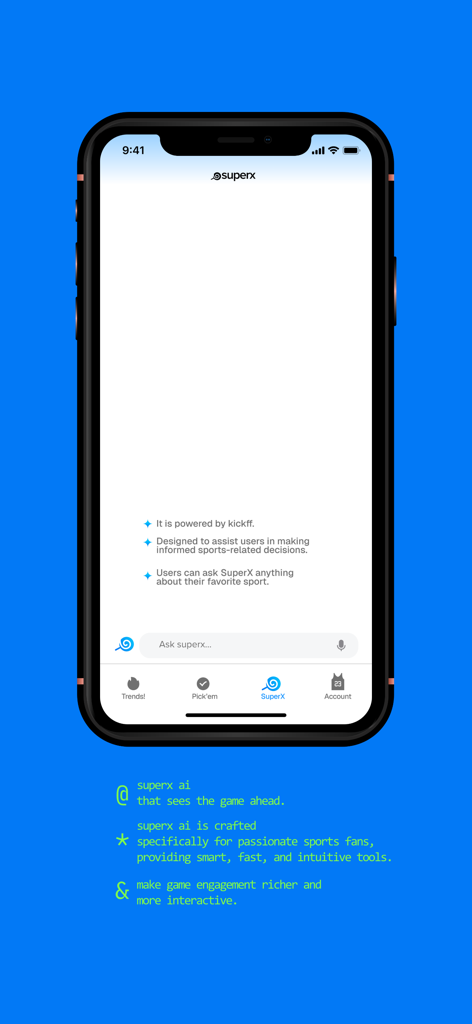 Kickff : Picks & SuperX AI - SuperX AI sports assistant interface for asking questions and making informed game decisions